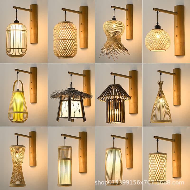 New Chinese style bamboo woven bamboo art wall lamp B&B restaurant hotel staircase balcony wall lamp retro corridor aisle wiring-free