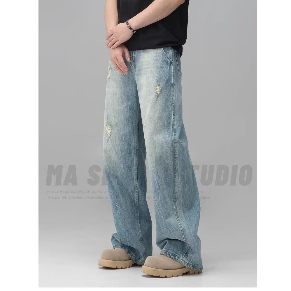 American Retro 2025 Spring Light-Colored Heavy-Duty Washed Ripped Jeans for Men, Loose Wide-Leg Casual Curved Pants