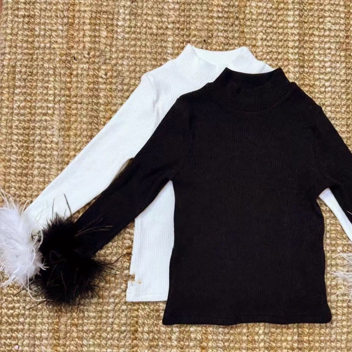 Spring Autumn Girls Base Shirt Baby Fashion Children Personality Trendy Korean Version Pure Color Tassel Fluffy Half High Collar T-Shirt