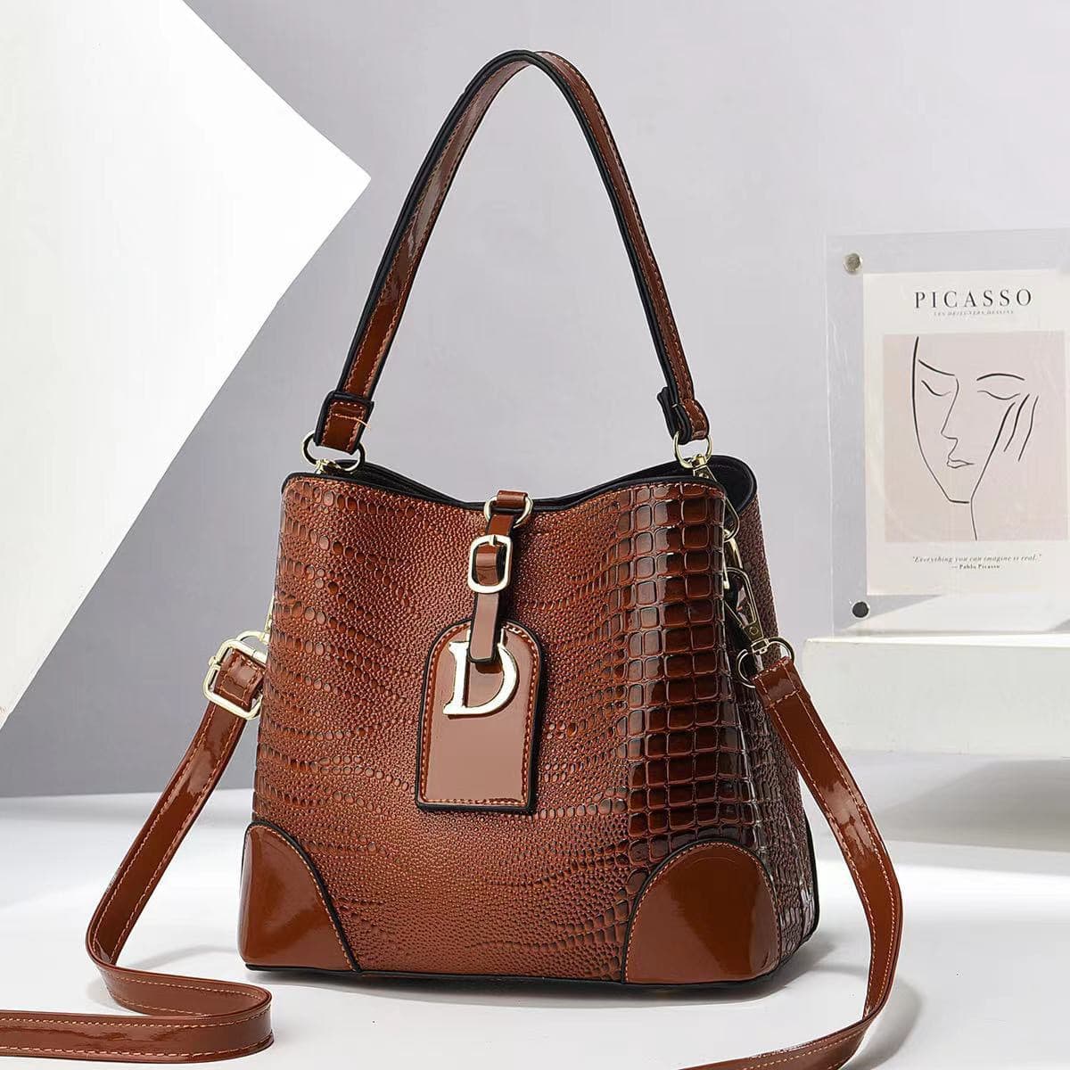 Shiny Crocodile Texture Bucket Bag Taizhou Women's Bag Crocodile Print Handbag Export Quality Shoulder Bag Crossbody Bags