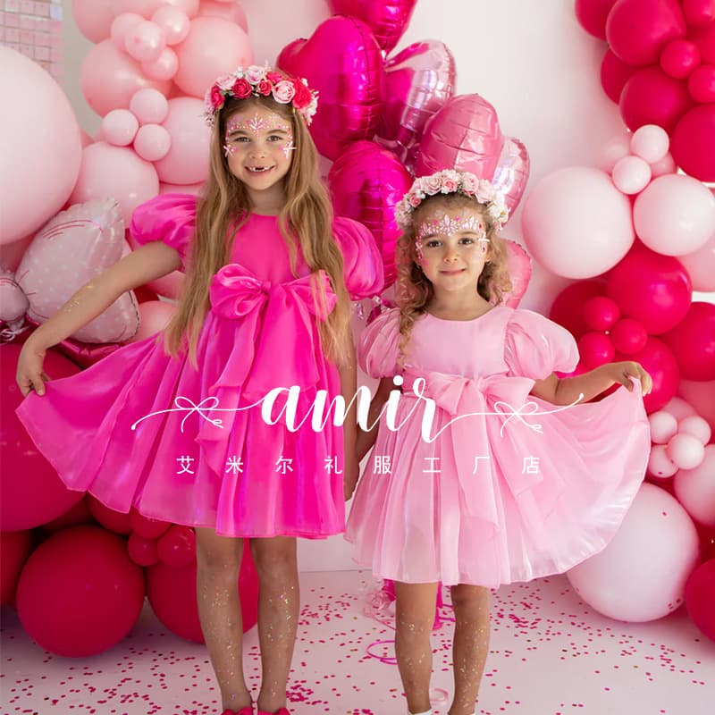 Europe and America Cross-border Hot-selling Little Girl Princess Dress Puff Sleeve Birthday Dress Tulle Skirt Autumn Dress Girls' Formal Dress