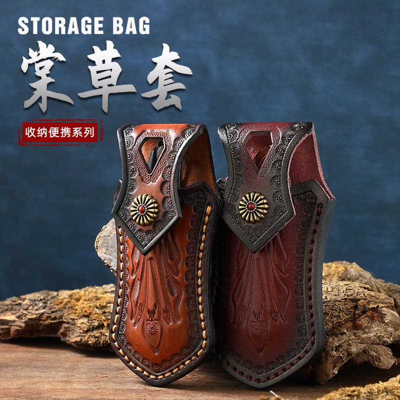 Folding knife vegetable tanned leather case, universal multi-functional tool leather belt bag, first layer leather knife case, knife magazine, portable knife bag