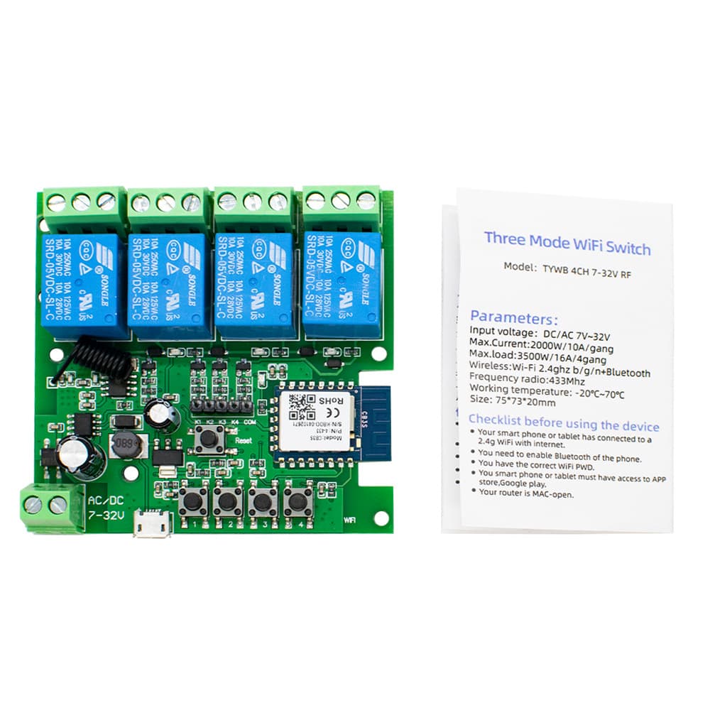Tuya App Smart Home Remote Control Switch, Four-Channel Multi-Way 5V/12V/24V Jog Module