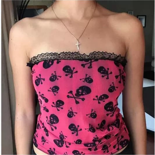 2025 Summer New European and American Style Sexy Skull Print Lace Trim Fitted Tube Top
