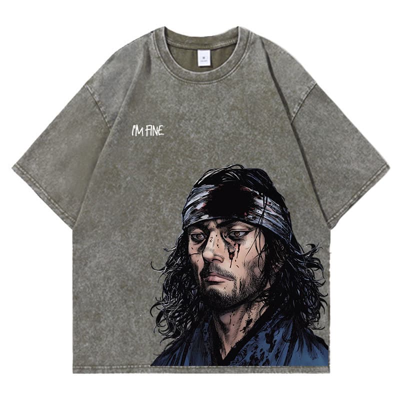 Anime Vagabond Acid Wash Tshirts Men Vintage Washed t Shirt