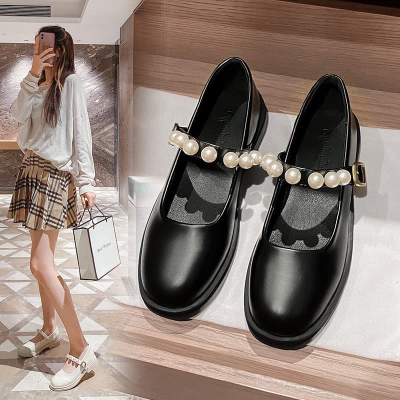 Mary Jane Flats for Women White 2024 New Style Versatile Pearl Vamp French JK Shoes College Style Large Size Leather Shoes