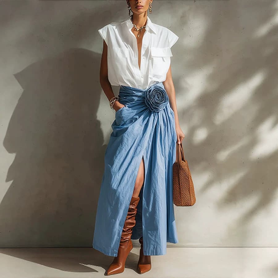 Independent website European and American women's clothing sleeveless shirt three-dimensional flower high waist twisted pleat slit blue skirt suit 26028