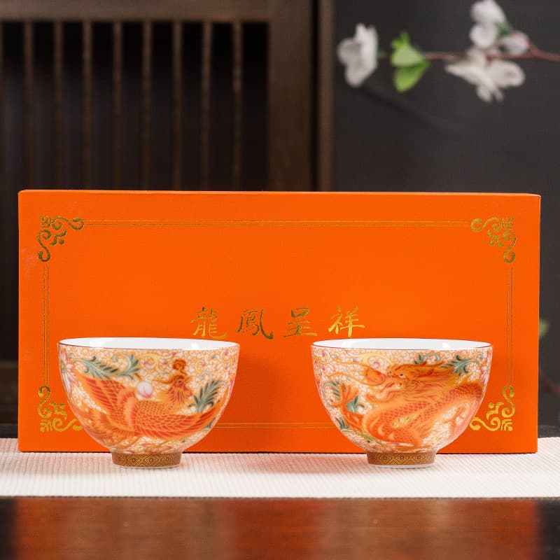 Enamel Craft Kung Fu Tea Cup Ceramic Master Cup Dragon and Phoenix Pair Cup Chinese Filigree Tea Tasting Cup Tea Serving Cup Set Gift Box