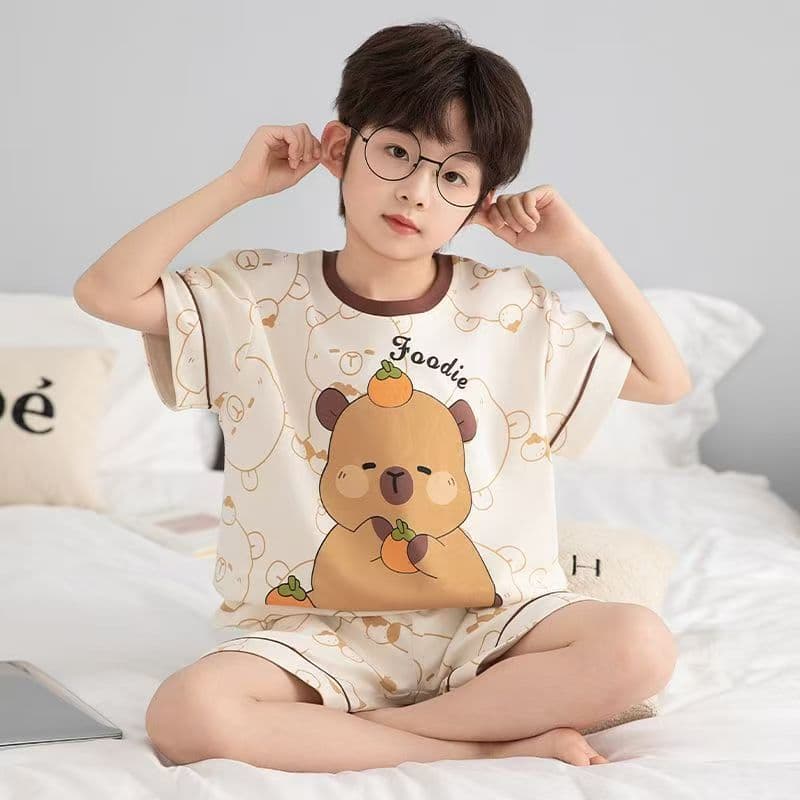 New Boys' Pajamas Summer Short Sleeve Thin Teenage Boys Older Kids Children Cartoon Homewear Set