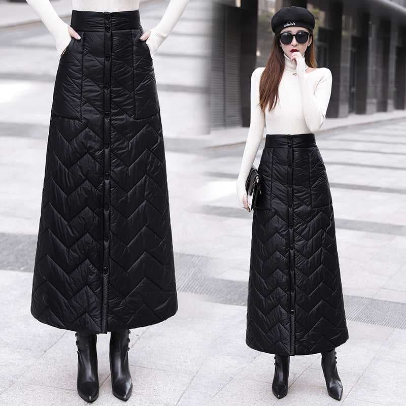 Real Shot New Quilted Skirt Midi Thick A-Line Skirt Button Placket One-Piece Warm Cotton Pencil Long Skirt Women