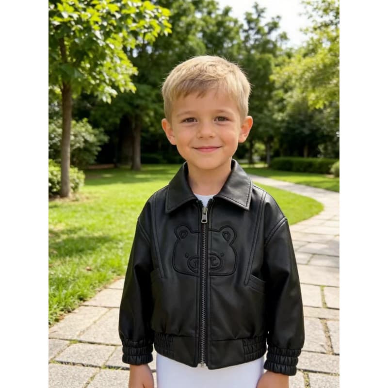 Children's Leather Jacket Spring Autumn Korean Style Casual Boys Girls Bear Leather Jacket 3013