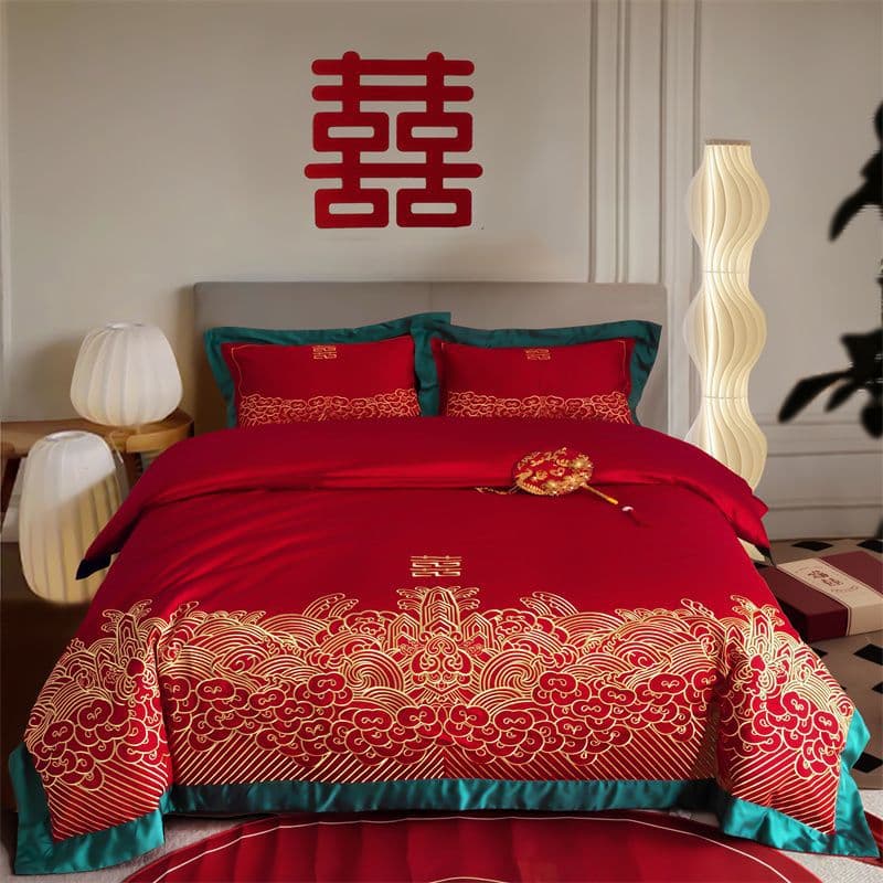 New Chinese-style bright red wedding four-piece set, 100S long-staple cotton comforter cover, pure cotton bed sheets, marriage festive bedding