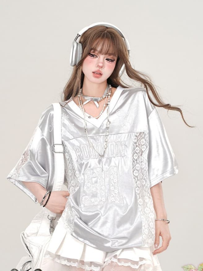 American Retro Lace Trim V-Neck Drop Shoulder Short Sleeve T-Shirt for Women, Summer Loose Casual Niche Design Top