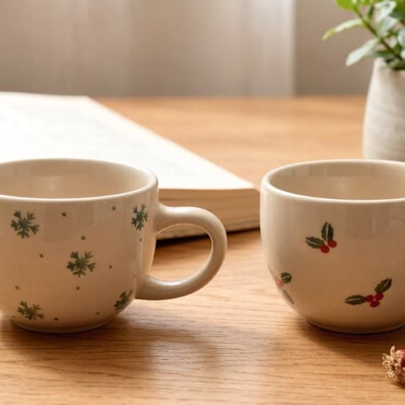 Christmas Snowflake and Holly Ceramic Mug Holiday Gift Cup Afternoon Tea Set Wholesale