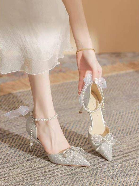 Silver Pearl Chain Women's Shoes 2026 Spring/Summer New Pointed Toe Bow Thin Heel 18th Birthday Crystal High Heels