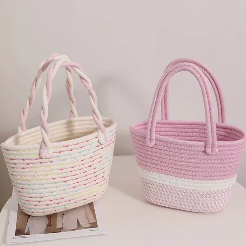 Pink Twist Hand-Held Cotton Thread Woven Bag New Style Small Fresh Hand-Carrying Women's Bag Holiday Bag Beach Bag Cosmetics Bag