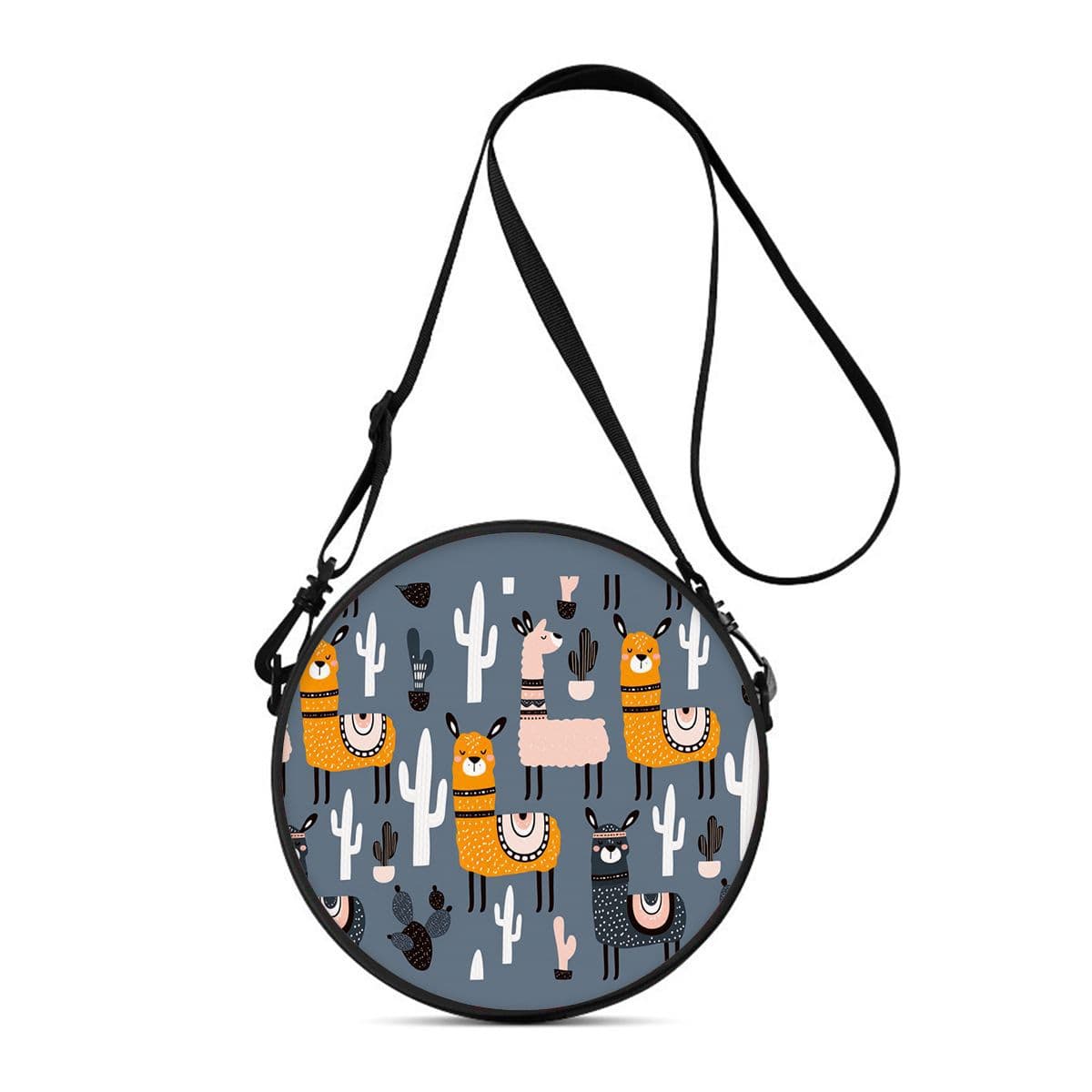 Cross-border Alpaca Print Women's Round Crossbody Bag Wearable Shoulder Bag Polyester Multifunctional Cosmetic Bag Storage Bag Dropshipping