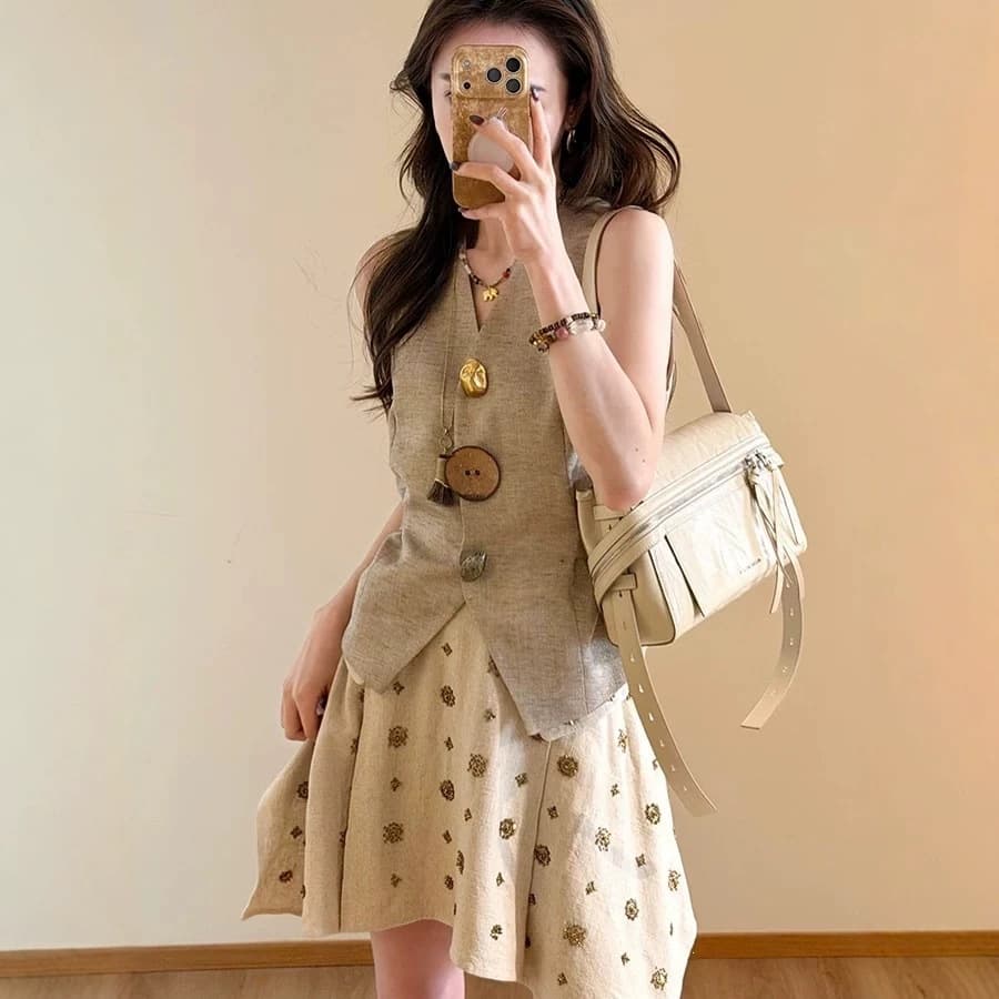 Vintage Style Women's Summer Set: French Linen Sleeveless Vest Top with Asymmetrical Short Skirt