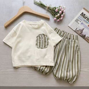 New Children's Pure Cotton Short Sleeve Set Summer Boys Girls Striped Casual Two-Piece Stylish Baby Summer Clothes