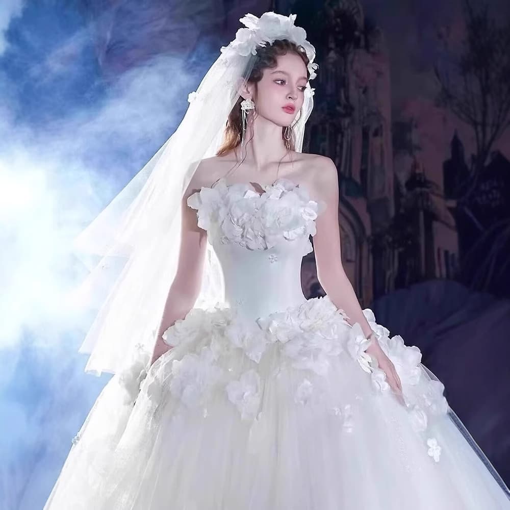 Sweet Floral Wedding Dress Women Strapless Plus Size Bride Gown Main Dress High Quality Slimming Train