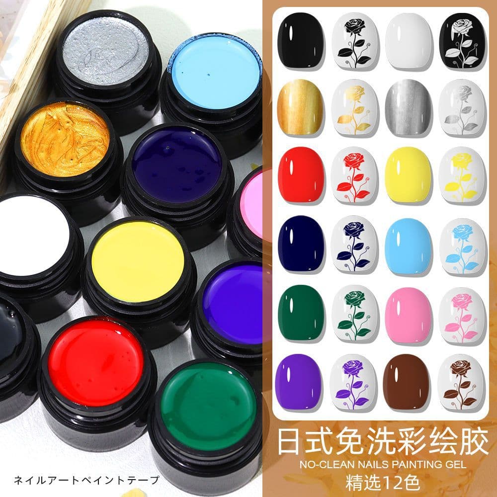 Japanese-style no-wash painted glue 12-color manicure canned nail polish glue three primary colors painting metal relief glue phototherapy glue