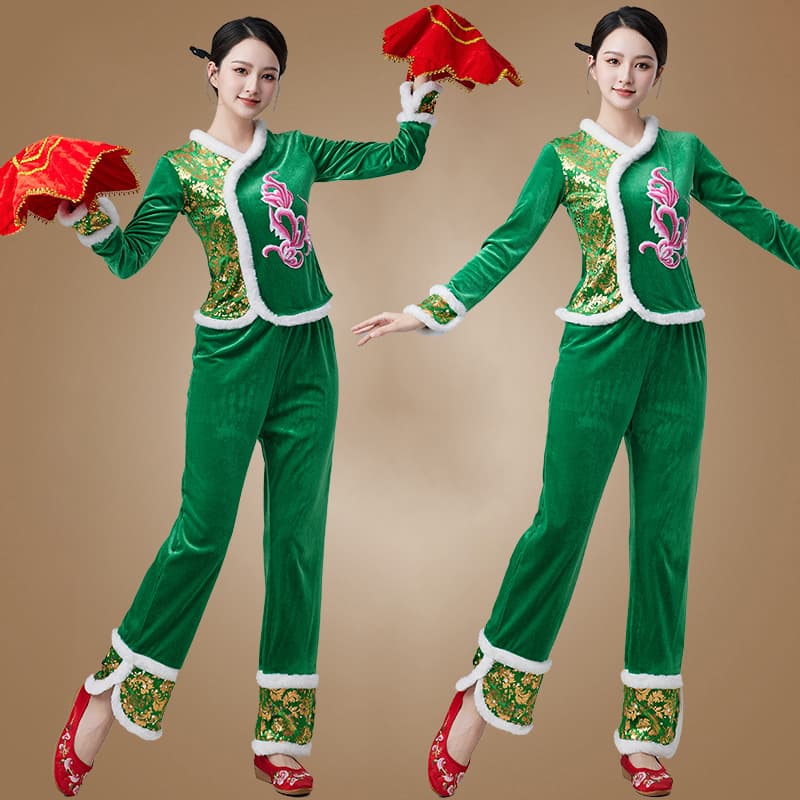 Square Dance Costume New Set Gold Autumn and Winter Velvet Thickened Long Sleeve Top Long Pants Team Dance Outfit 2418