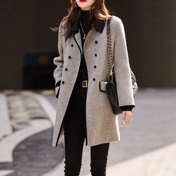 spring and autumn retro new fashion double-breasted casual long temperament contrast color small lapel woolen coat women