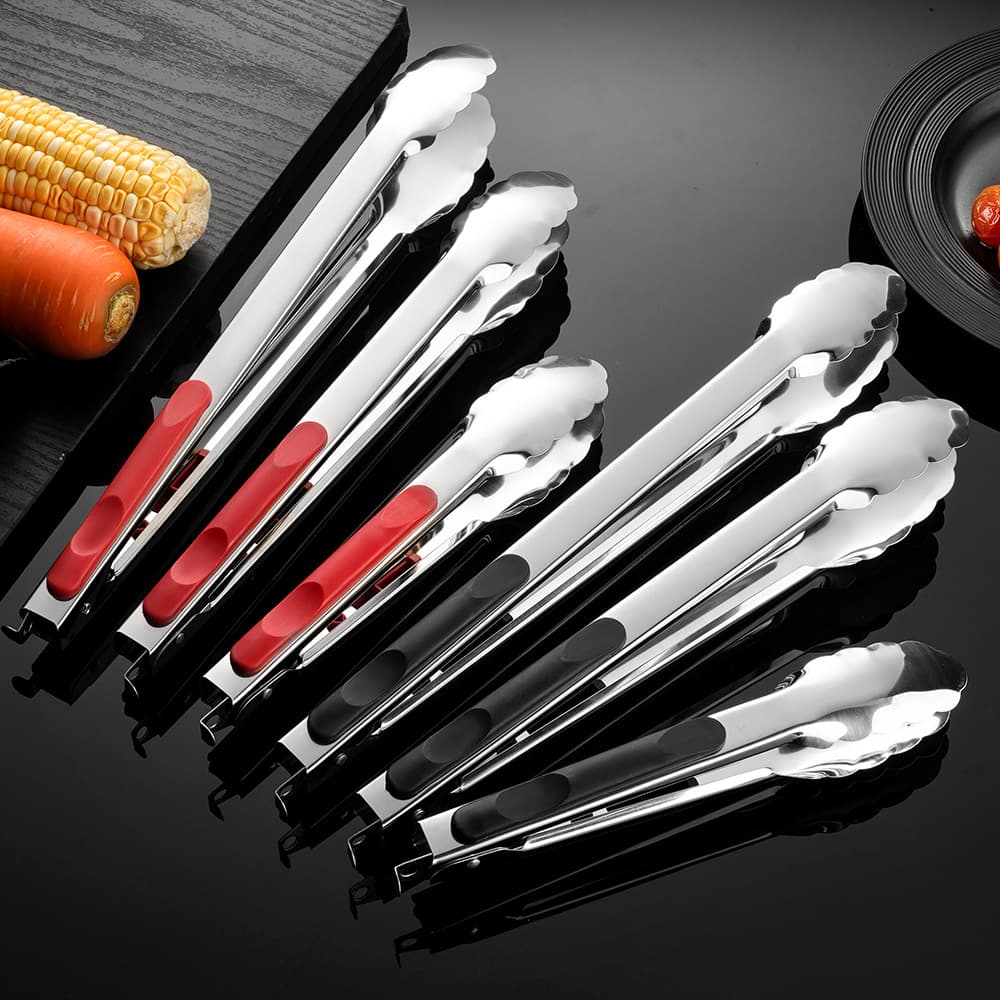 Stainless steel food tongs red handle plum blossom tongs restaurant multifunctional steak tongs barbecue tongs home food bread tongs