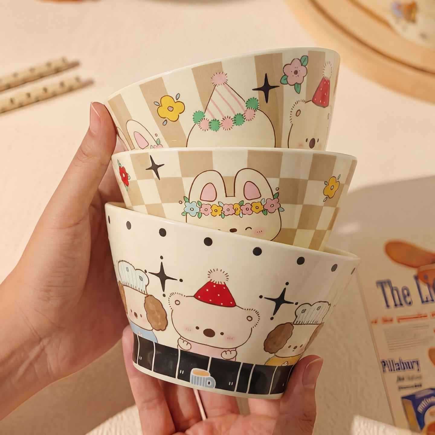 Cute Pet Time Cartoon Ceramic Rice Bowl, Lovely Bamboo Hat Bowl, Beautiful Noodle Bowl, Home Bowl, High Appearance for Young People