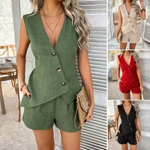 2026 Cross-border European and American Summer Casual Solid Color Vacation Style Button Sleeveless Cardigan Vest and Shorts Set for Women