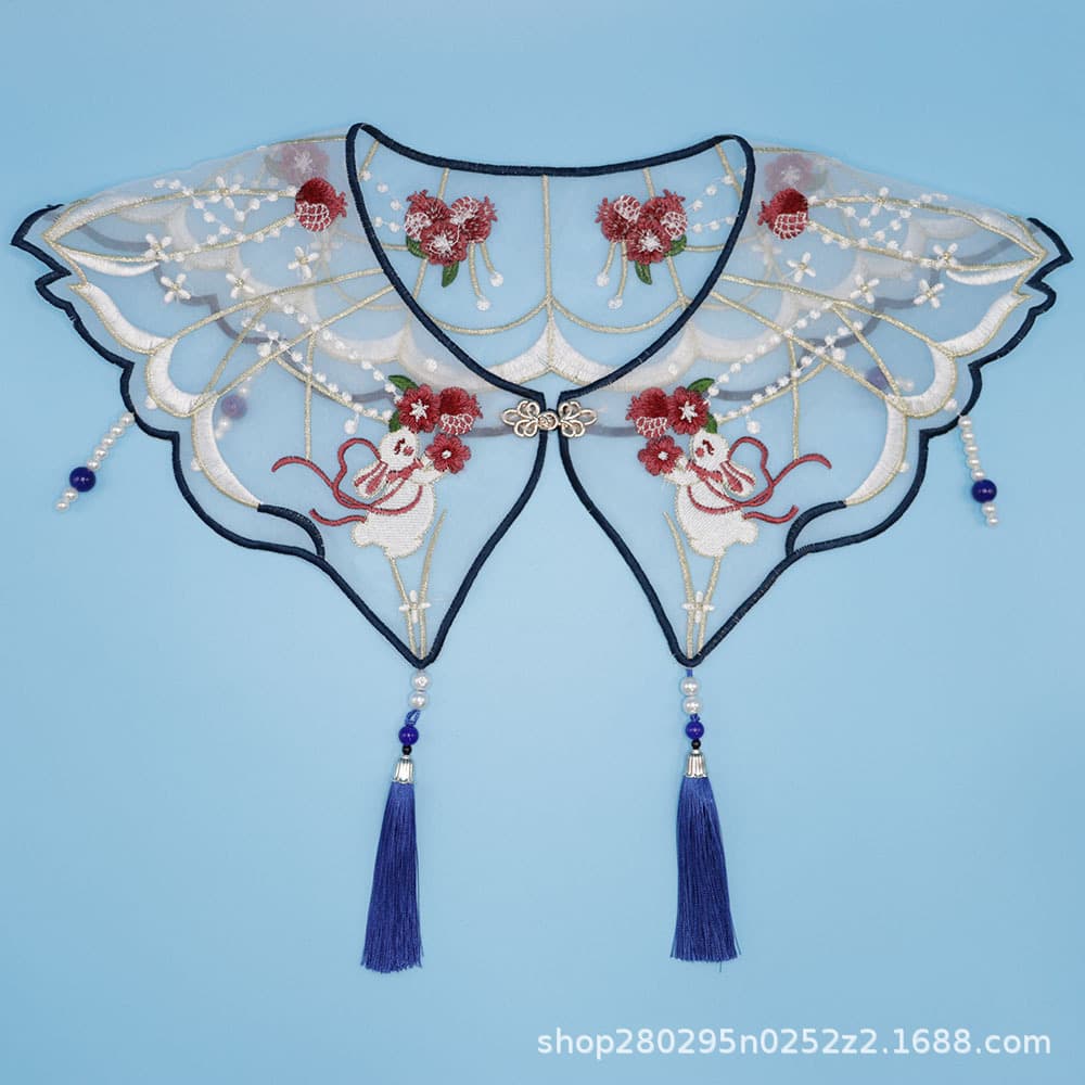 Jade Rabbit Embroidery Cloud Collar with Pendant Tassels Buttons Organza Shawl Detachable Collar, Children's Tassel Hanfu Collar Flower Decoration