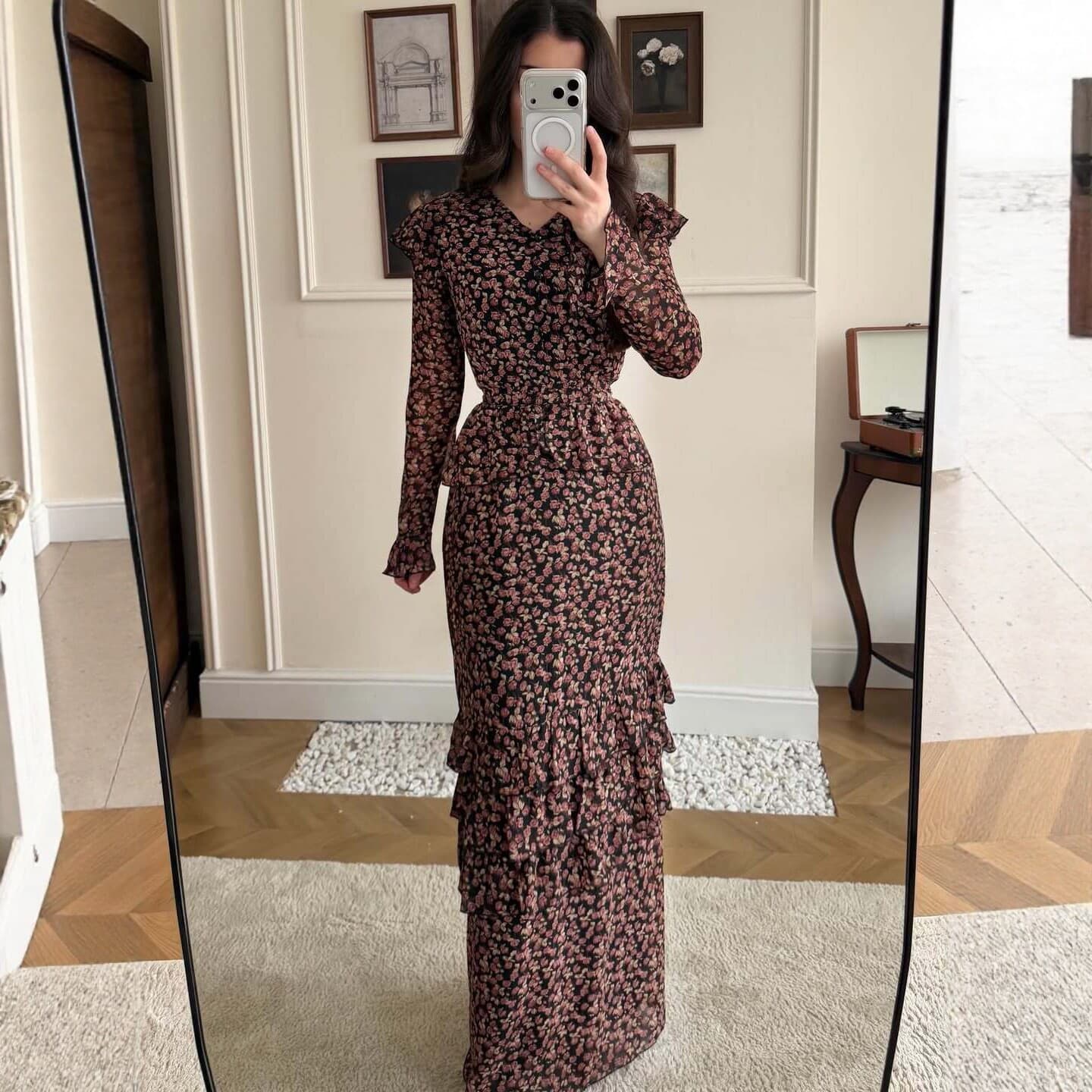 European and American Cross-Border Women's 2026 Spring/Summer New V-Neck Slim Ruffle Hem Maxi Dress Long Sleeve