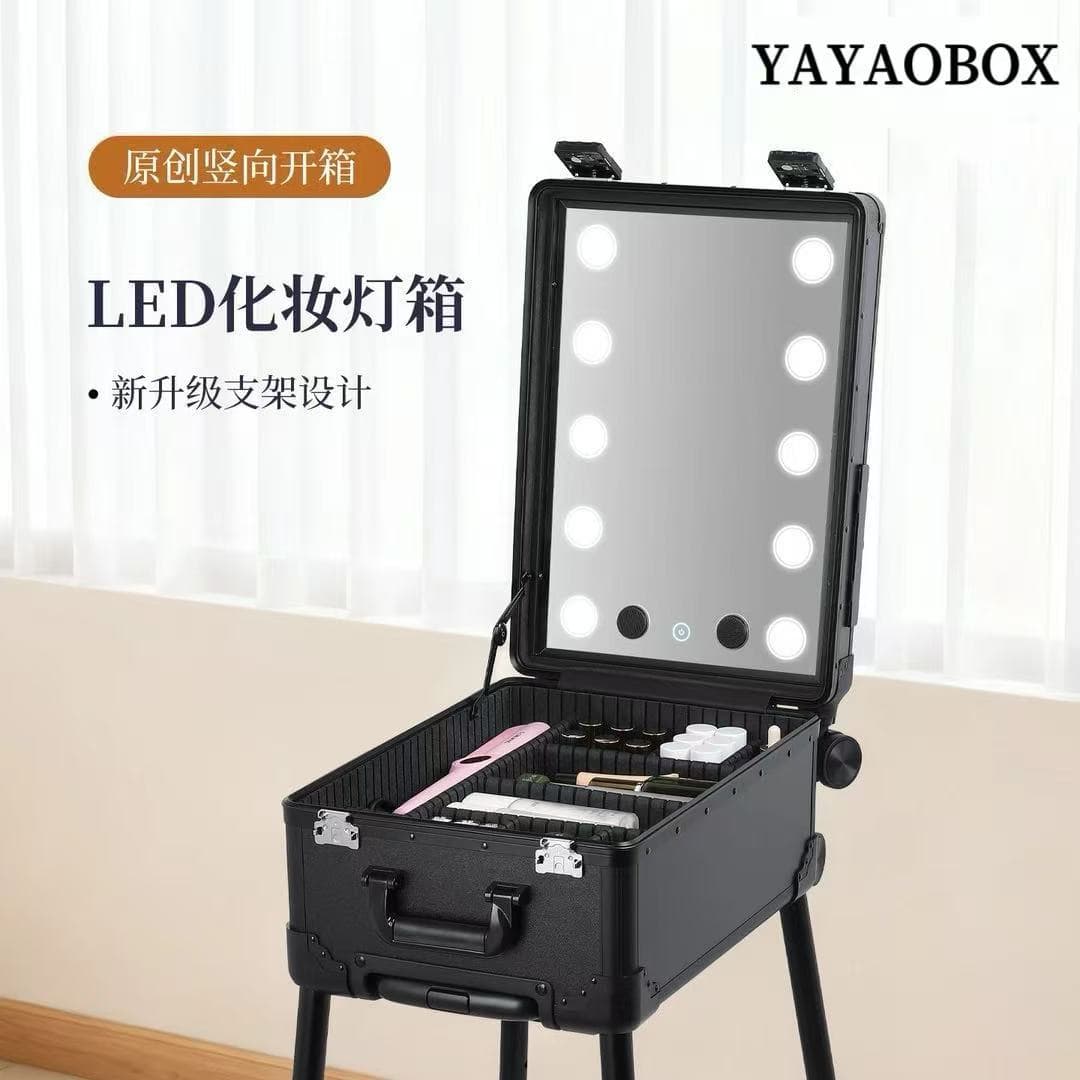 18-Inch Professional Makeup Case with Mirror and Light, Portable Storage Box, Makeup Artist Train Case, Large Capacity with Stand, Lightweight Rolling Case