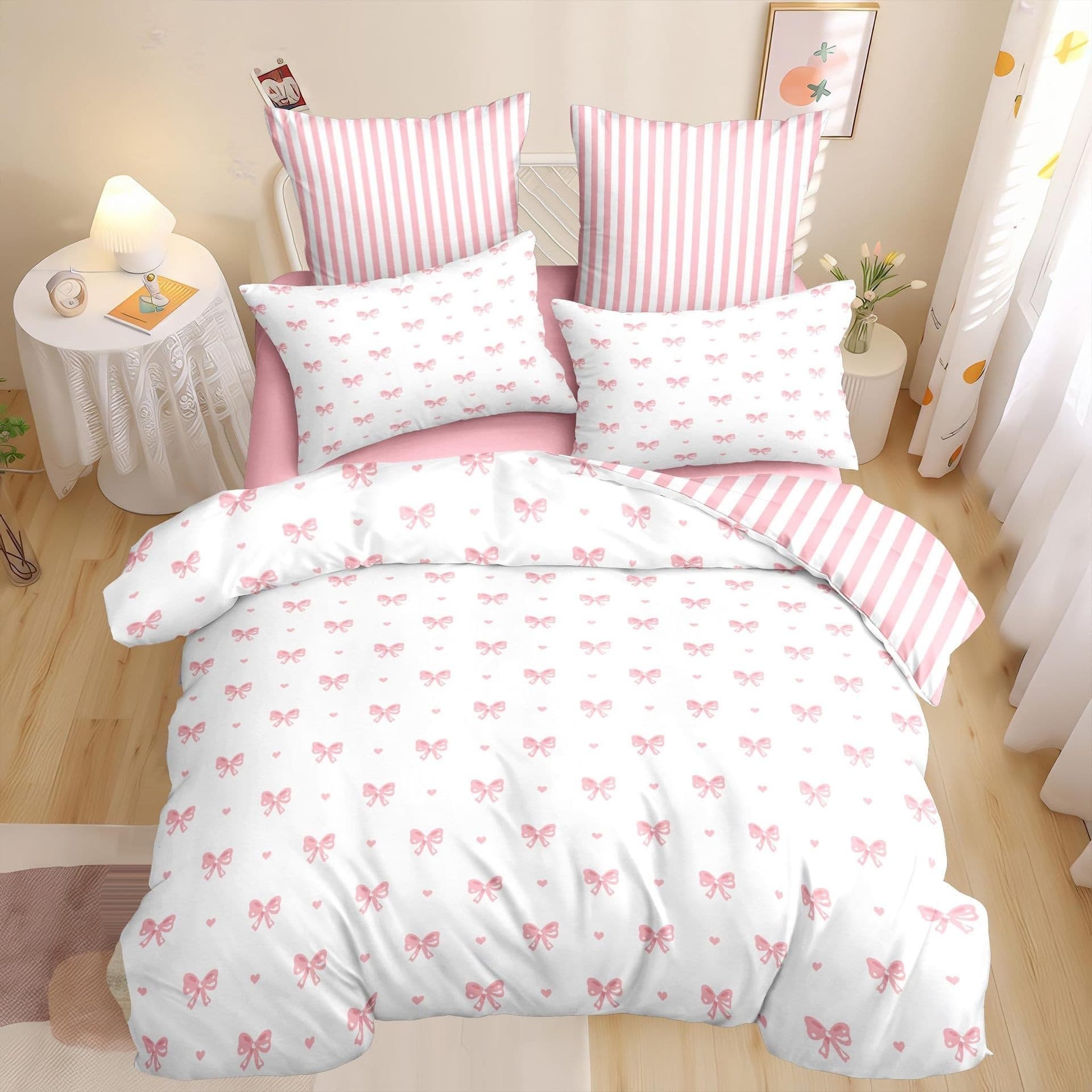 Cross-Border Trade Bowknot Girly Style Duvet Cover Three-Piece Set Double-Sided Printed Duvet Cover Home Bedroom Bedding