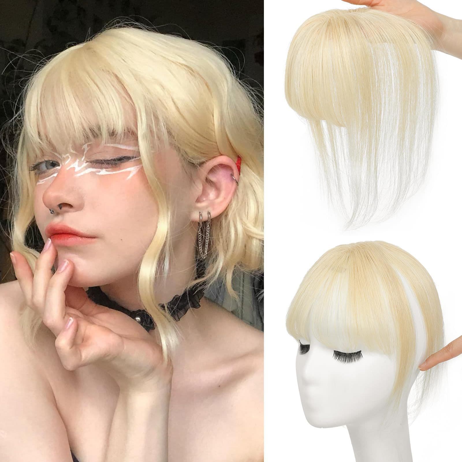 3D Hairpiece Bangs Hand-Tied Fringe Women's 10inch Real Hair Flowing Bangs T-Shape Gold Hairpiece