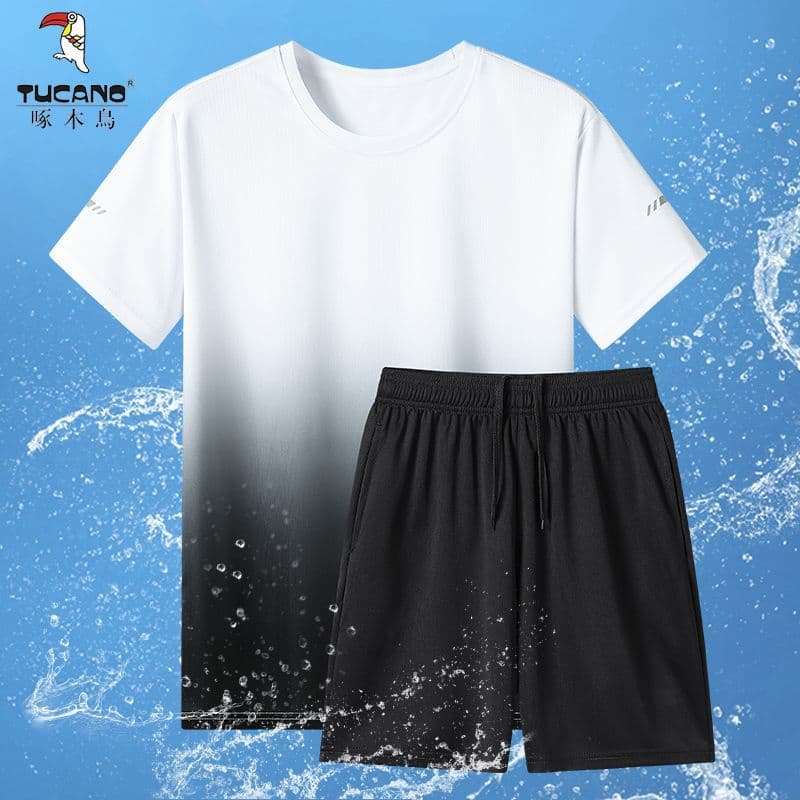 Woodpecker Summer Ice Silk Set Men's Lightweight Quick-Dry Breathable Casual Sports Short Sleeve Shorts Dad Clothing