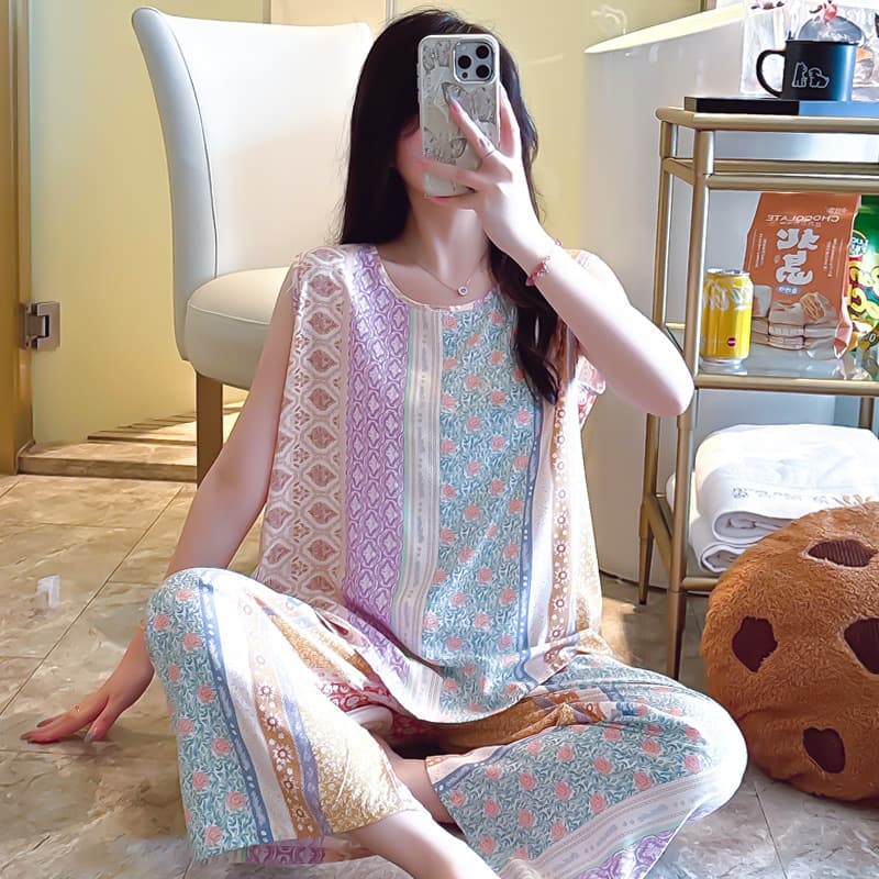 Cotton Silk Pajamas Women's Short Sleeve Set Summer Plus Size Rayon Vest Wide Leg Pants Homewear Sleeveless Cotton Silk