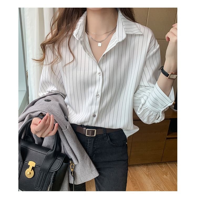 Cross-Border Autumn New Style Niche Vintage Hong Kong Flavor White Striped Shirt Designed for Light Mature Layering Women's Blouse