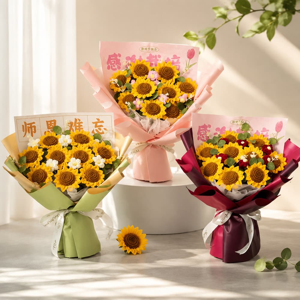Handmade Knitted Flower Bouquet Sunflower for Teacher's Day, Unforgettable Teacher's Grace, Gift for High School and College Graduation to Teachers