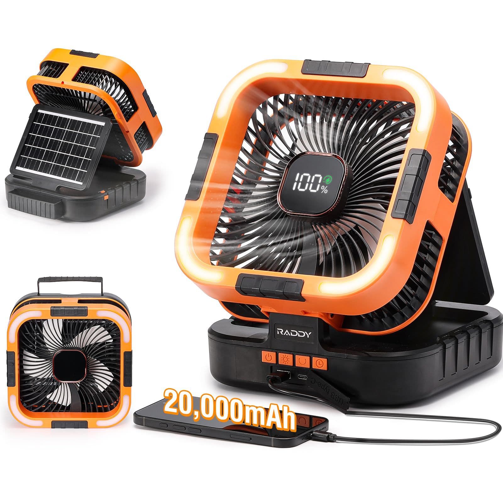 Camping Fan, Oscillating Tent Fan, Rechargeable with Digital Display, Lithium Battery, Cross-border Outdoor Solar Fan