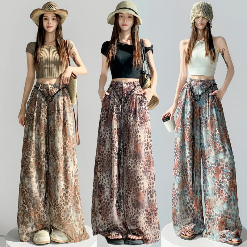 Polyester Leopard Print Pants for Women 2026 Summer High-Waist Slimming Sun Protection Pants