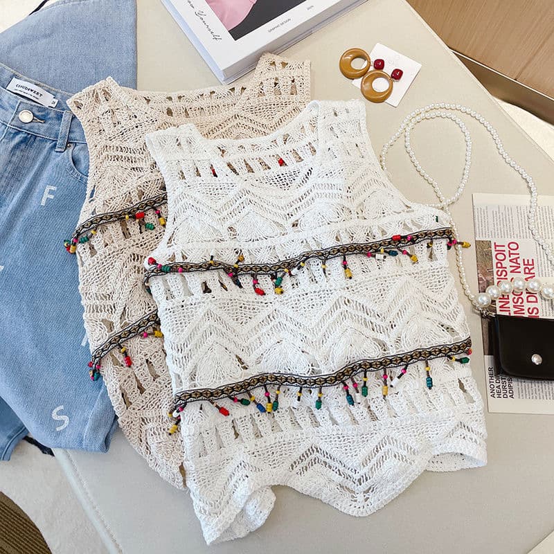 New ethnic style hollowed-out crochet vacation vest for women, heavy-duty woven design, sleeveless camisole top