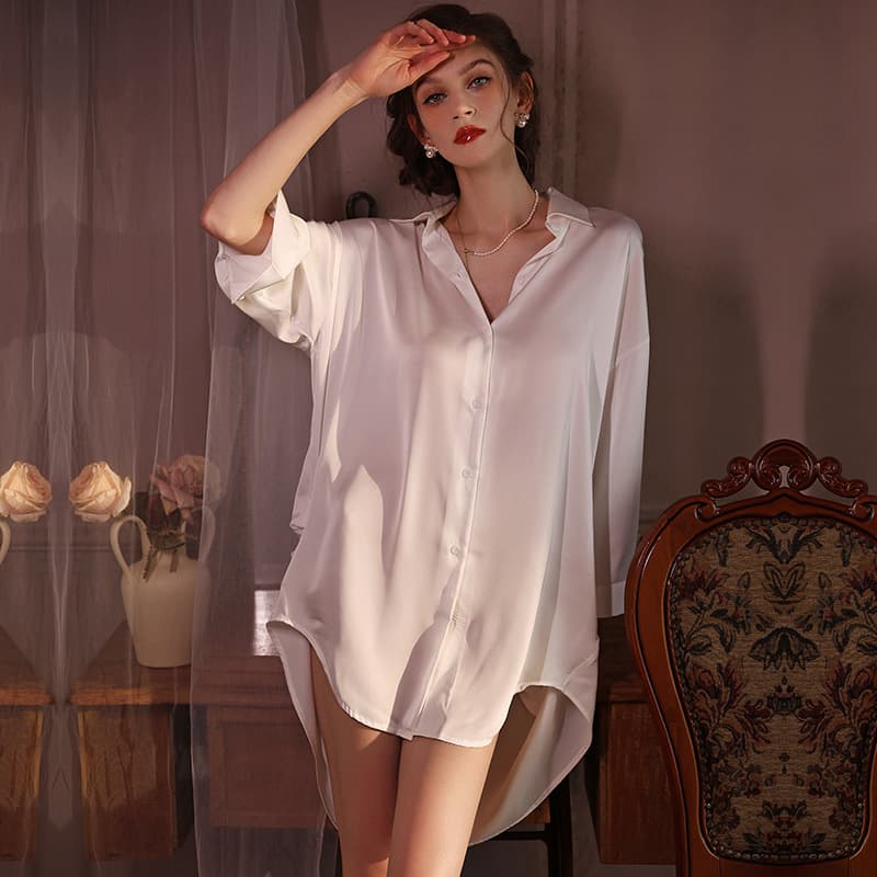 Sexy Boyfriend Style White Shirt Women's High-End Ice Silk Sleep Dress Loose Plus Size Pure Desire Sexy Lingerie