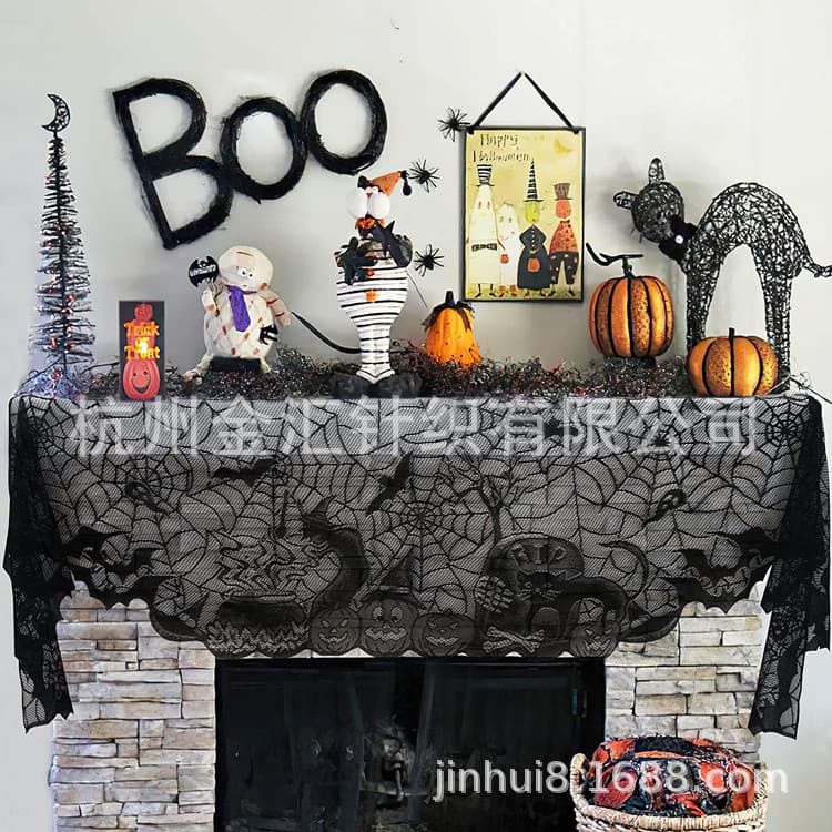 Ghost Festival Halloween Fireplace Cloth Stove Towel Spider Web Lace Black Fireplace Towel Decorative Cloth 18x 96 Enlarged Edition