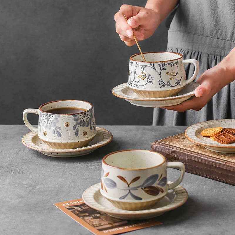 Retro coffee cup and saucer creative stoneware flower cup household mug coffee cup latte cup milk cup breakfast cup