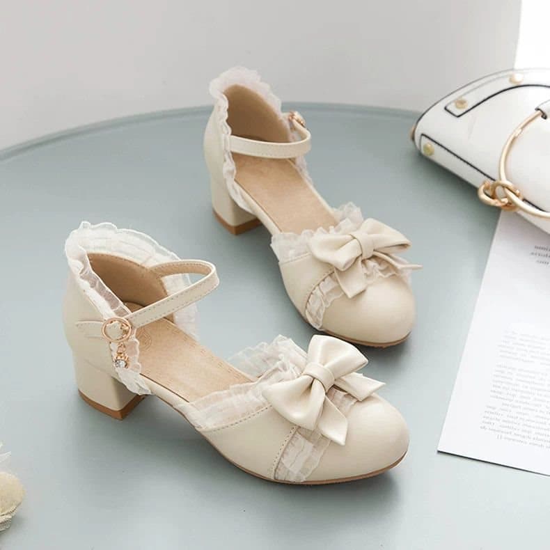Student Chunky Heel Bow Lolita High Heels Dress Girls Summer Sandals Big Kids Leather Shoes Performance Birthday