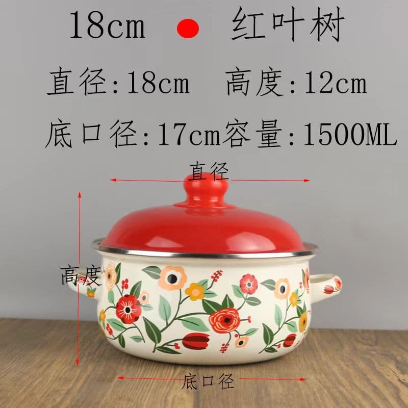 Enamel Soup Pot with Dual Handles and Lid, Thickened Home Use Casserole Stew Pot, Vintage Pattern Pot