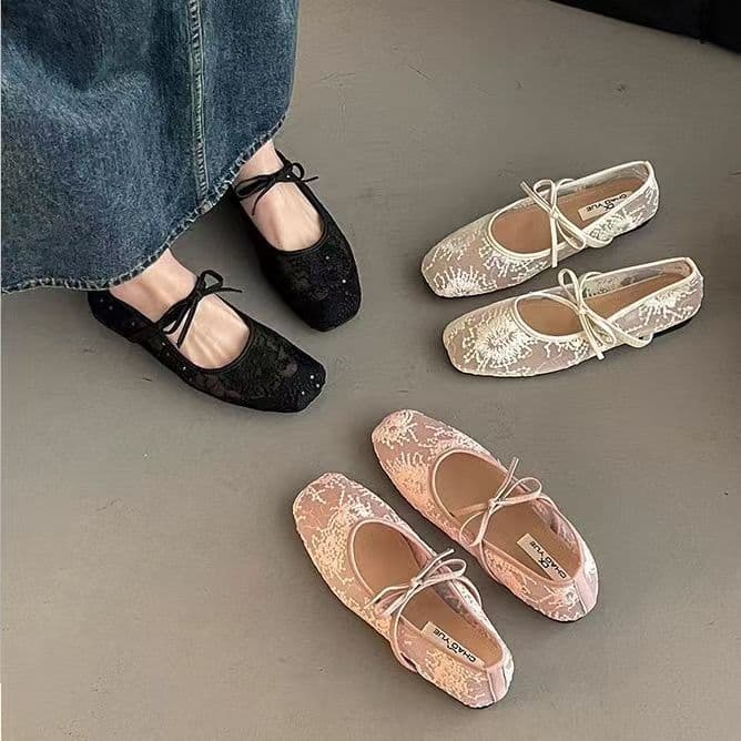 Mesh bow fairy style flat shoes for women 2026 new spring and summer mesh breathable shallow mouth with skirt