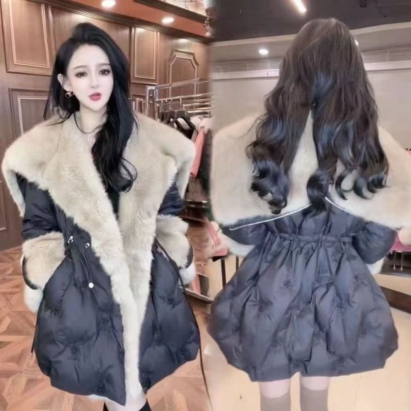 New Korean style women's mid-length down cotton coat, Angel Wings, 2024 winter, faux fur collar, hooded wool coat.