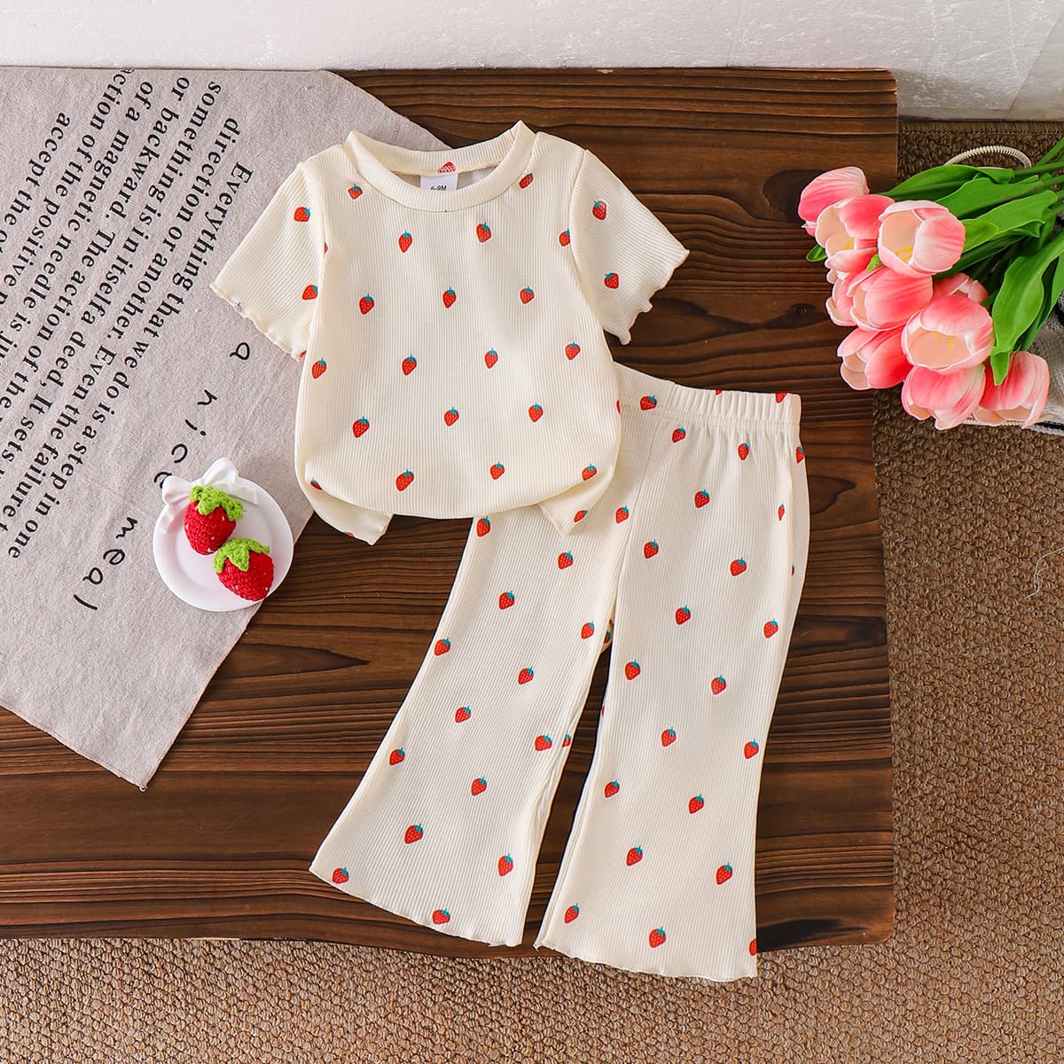 Baby Girls Clothes 0-3Y Summer Short Sleeve Strawberry Print Top + Flared Long Pants In Stock